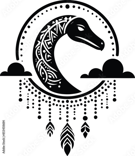 brachiosaurus in silhouete with bohemian nature pattern illustration