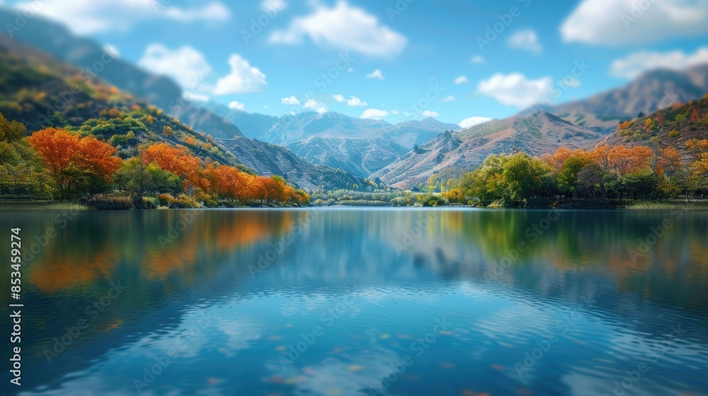 A serene autumn landscape featuring a calm lake surrounded by colorful fall trees and mountains under a clear blue sky. A serene autumn landscape featuring a calm lake surrounded by colorful fall trees and mountains under a clear blue sky.