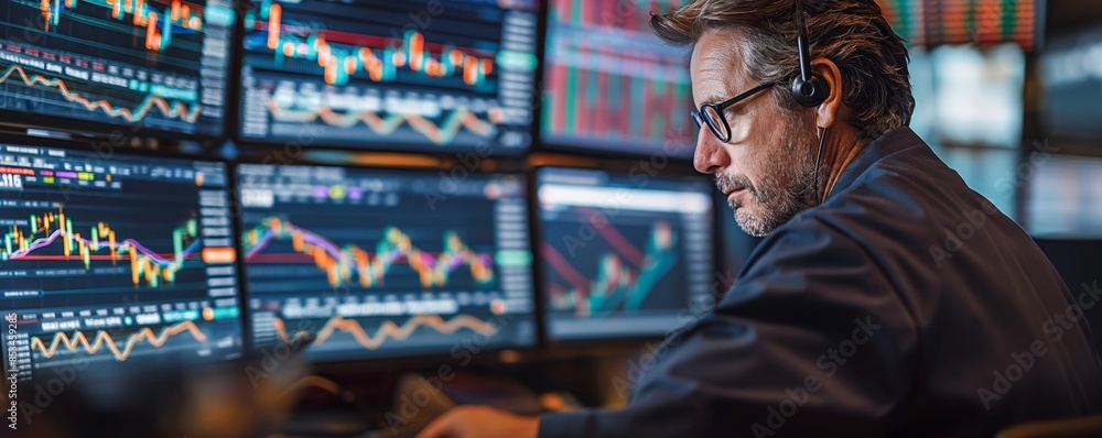 An individual sits in a trading workplace looking at various financial charts on multiple screens