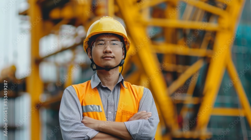 Handsome Asian engineer with a safety helmet standing in front of a large construction crane Handsome Asian engineer with a safety helmet standing in front of a large construction crane