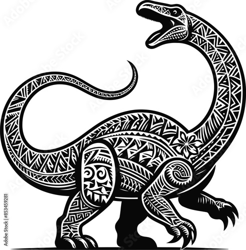  brachiosaurus silhouete with Polynesian ethnic pattern illustration