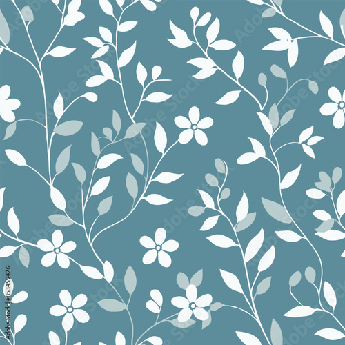 simple tonal peacock blue floral pattern vector