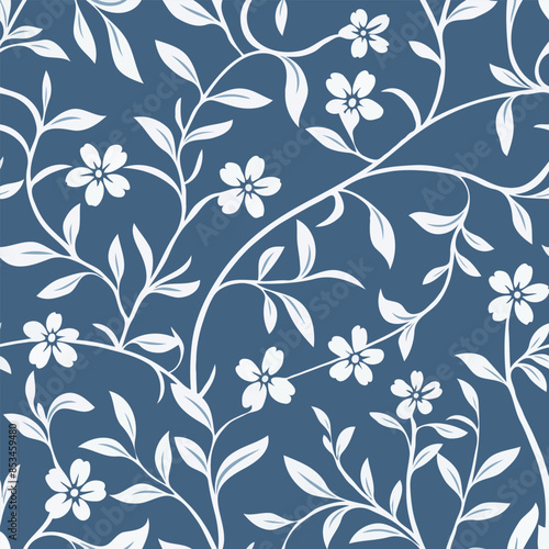 tonal white floral pattern vector on the blue background