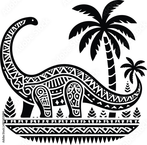  brachiosaurus silhouete with Polynesian ethnic pattern illustration