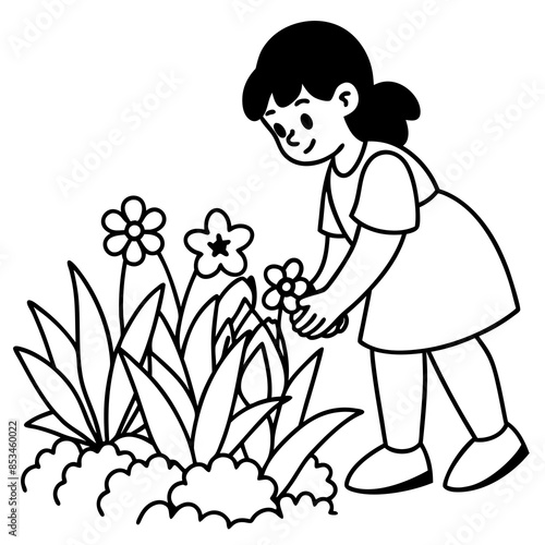 Female child hobbies to gardening line art vector illustration.