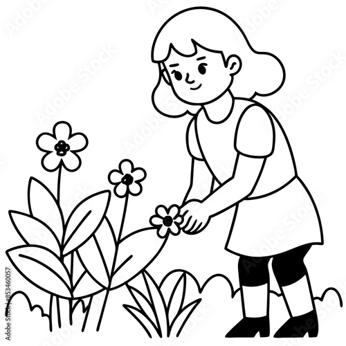 Cute Girl Planting in Line Art.