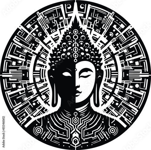 buddha silhouete with cyberpunk pattern illustration