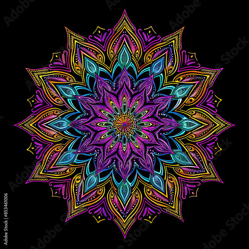 Geometric mandala with intricate patterns, vibrant colors, glowing on black background.