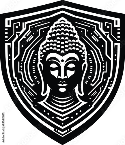 buddha silhouete with cyberpunk pattern illustration