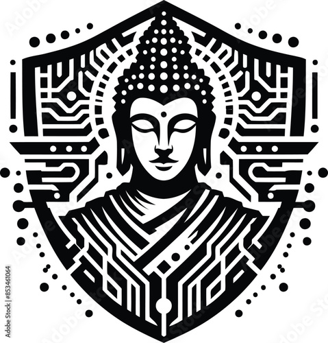 buddha silhouete with cyberpunk pattern illustration