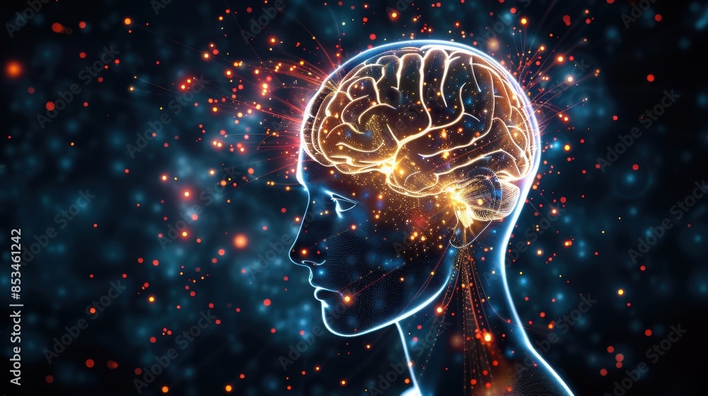 Detailed digital art of a human head with an illuminated brain ...