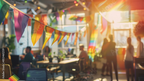 Festive Office with Rainbow Banners and Sunlight © aimired