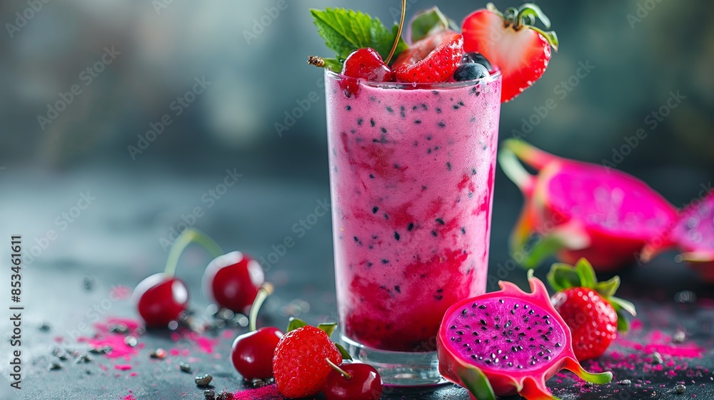 Vibrant Red Dragon Fruit Strawberry Smoothie with Fresh Garnishes Vibrant Red Dragon Fruit Strawberry Smoothie with Fresh Garnishes