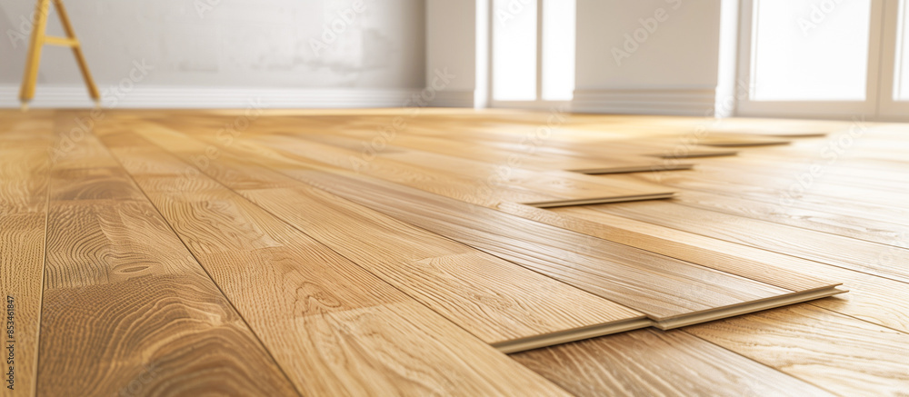 worker installing modern wood flooring in an empty room worker installing modern wood flooring in an empty room