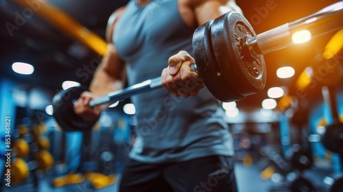 A powerhouse in the gym: Muscles bulging, he lifts a heavy dumbbell with intense focus. Behind him, rows of gleaming gym equipment stand witness to his strength and determination.
