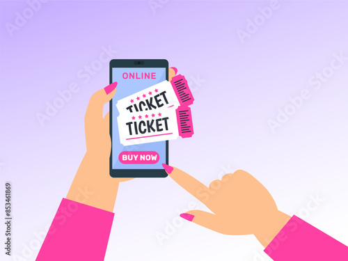 buy tickets online service woman hand using smartphone app   vector illustration
