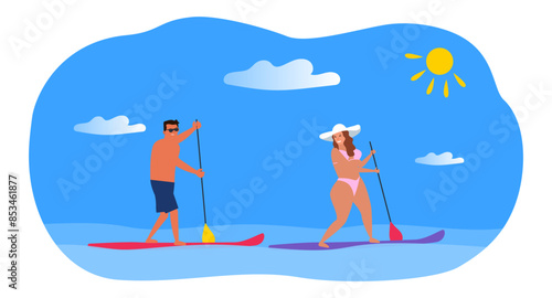 couple man and woman paddling on paddle board on the water summer vacation vector illustration