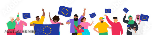 group of multiracial multicultural people holding european union  flags  vector illustration 