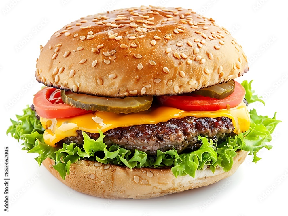 A cheese burger with lettuce and tomato on white background A cheese burger with lettuce and tomato on white background
