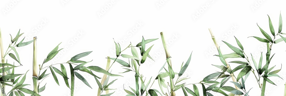 Naklejka premium Watercolor bamboo stems and leaves - A delicate watercolor painting of bamboo stems and foliage against an off-white background