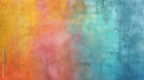 Rustic Textured Wall with Bold and Bright Color Washing Technique. Aged effect. Palette of blue, orange, pink, green, yellow, with subtle variations in hue and tonality. High-resolution.  © Pink Rose Tiger