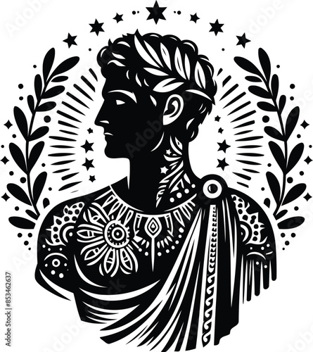 caesar in silhouete with bohemian nature pattern illustration