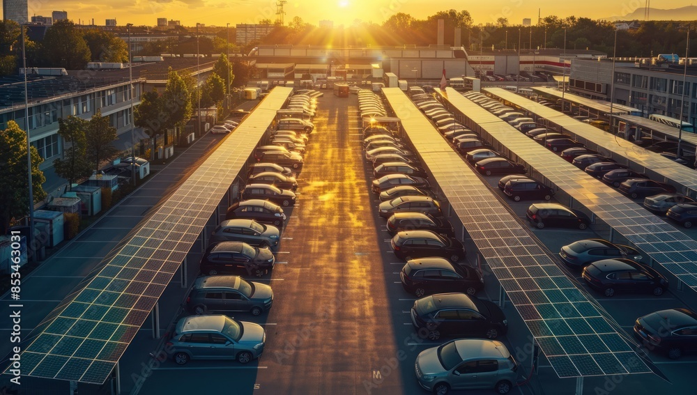 A long solar car park with cars parked under the sunset. A long solar car park with cars parked under the sunset.