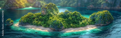 Tropical Island With Lush Green Vegetation and Sandy Beach at Sunset