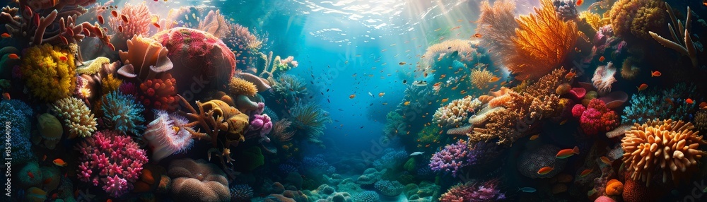 custom made wallpaper toronto digitalA stunning underwater scene showcasing a colorful coral reef teeming with diverse marine life, illuminated by sunlight filtering through the clear blue water.