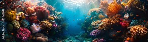 Wallpaper Mural A stunning underwater scene showcasing a colorful coral reef teeming with diverse marine life, illuminated by sunlight filtering through the clear blue water. Torontodigital.ca