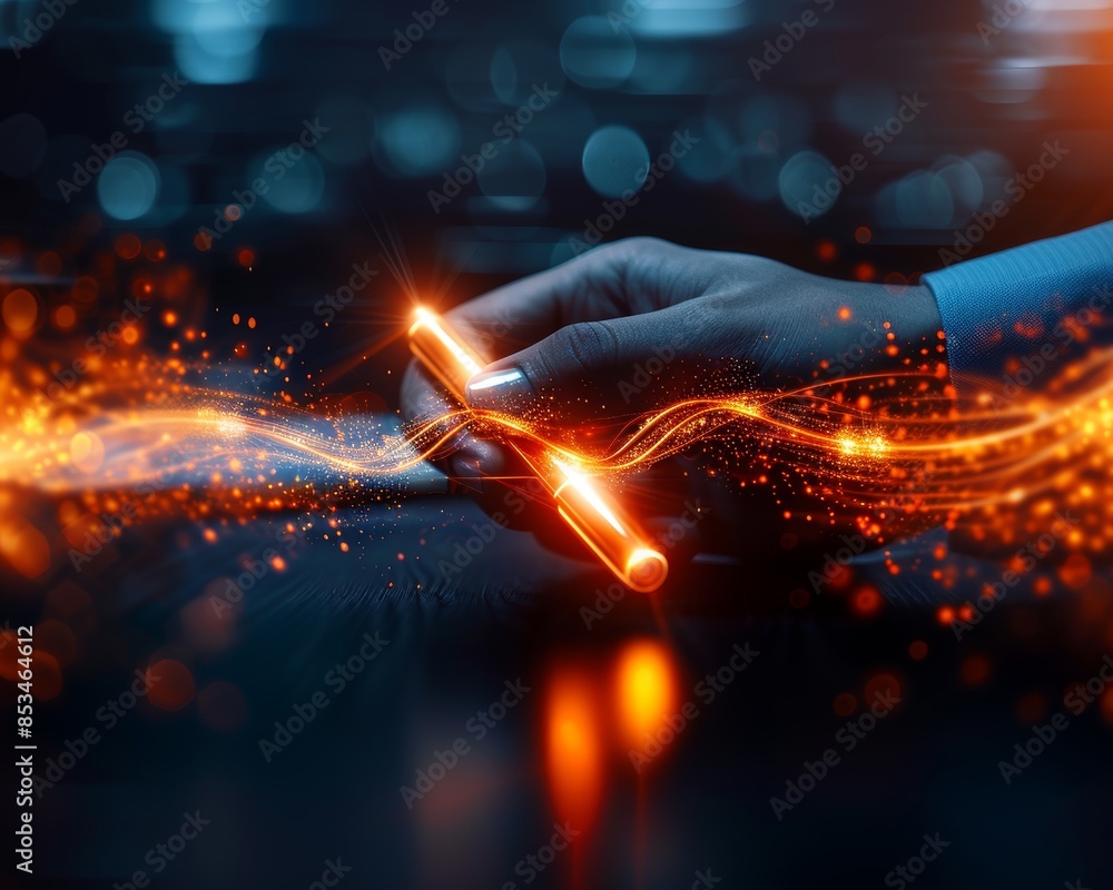 A person's hand holding a glowing pen with swirling light trails, creating a dynamic and futuristic atmosphere against a dark background. A person's hand holding a glowing pen with swirling light trails, creating a dynamic and futuristic atmosphere against a dark background.