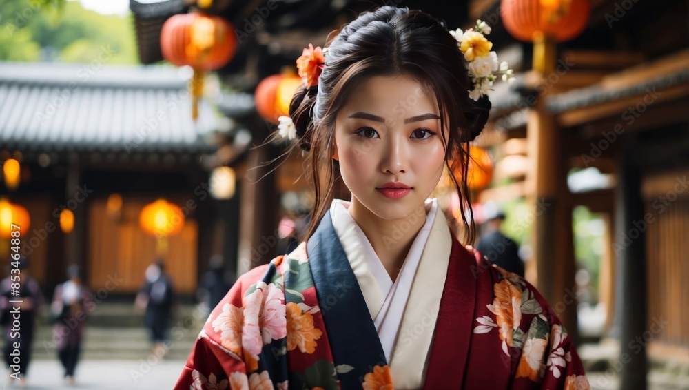 Asian traveler girl in Kimono traditional dress walking in old temple in Kyoto city. Asian traveler girl in Kimono traditional dress walking in old temple in Kyoto city.