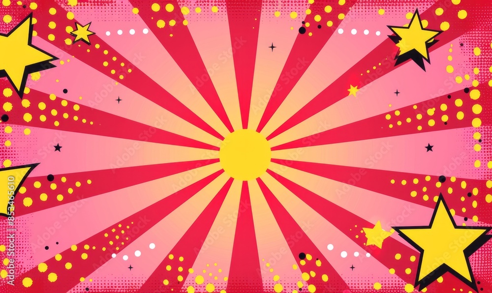 Fototapeta premium Abstract pink background with halftone dots and rays of light in the center. Comic book background design with yellow stars, using a red color palette