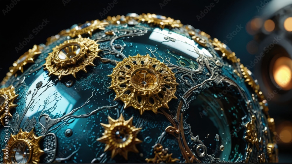 Golden Ornate Sphere on a Blue Background. Golden Ornate Sphere on a Blue Background.