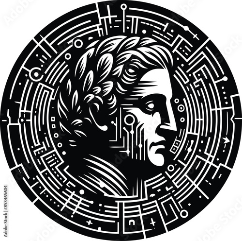 caesar silhouete with cyberpunk pattern illustration