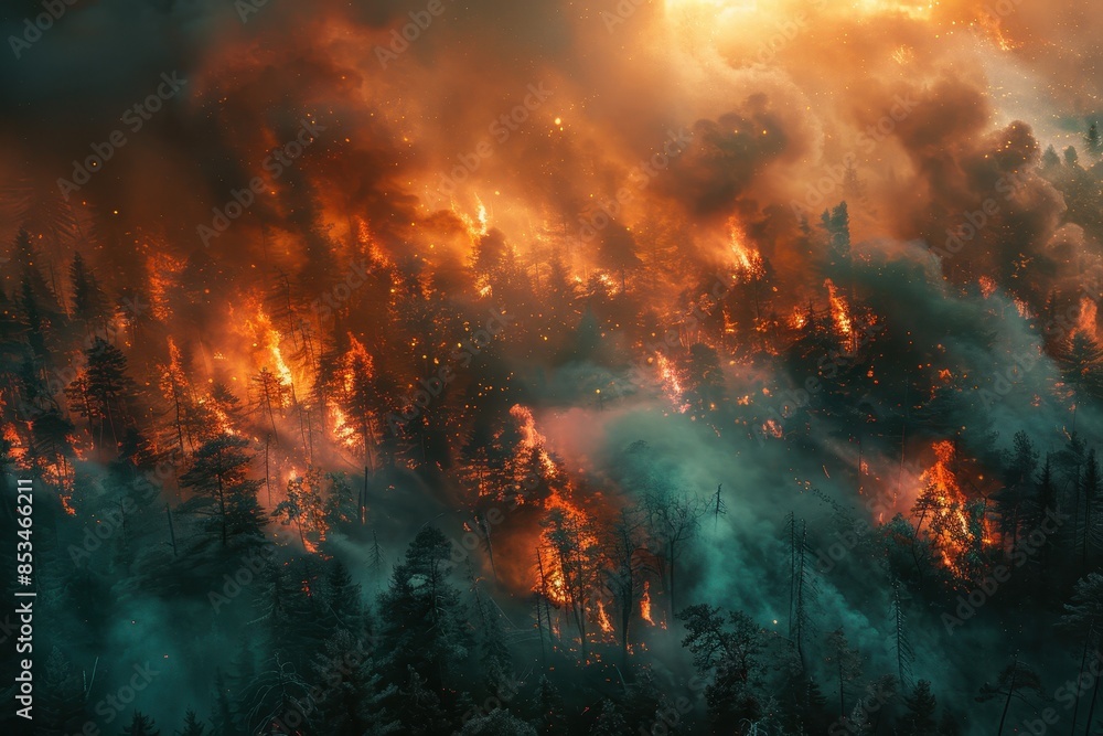 Intense Forest Fire with Thick Smoke and Flames Engulfing Trees in a Dense Woodland Area Intense Forest Fire with Thick Smoke and Flames Engulfing Trees in a Dense Woodland Area