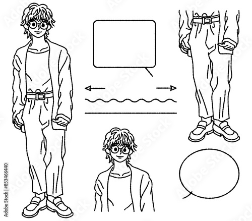 若い男性の立ちポーズの白黒イラストです。吹き出しや線の素材イラストもあります。