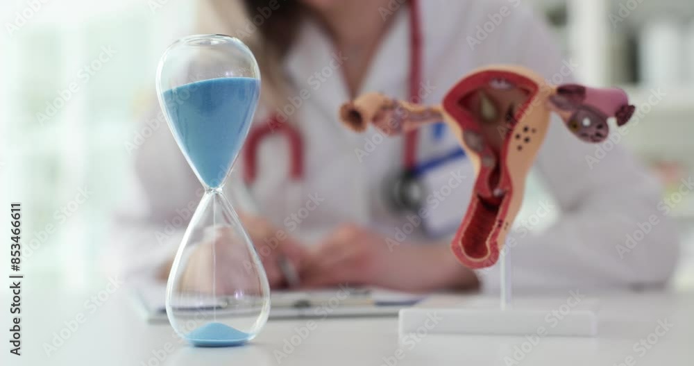 Doctor keeps track of time using hourglass near uterus model Doctor keeps track of time using hourglass near uterus model