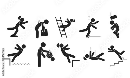 Bundle set isolated industrial accident injury pictogram, fall, trip, wet floor, worker above for caution sign