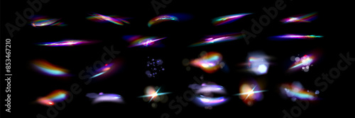 Iridescent crystal leak glare reflection effect. Optical rainbow lights, glare, leak, streak overlay. falling confetti. Vector colorful vector lenses and light flares with transparent effects.