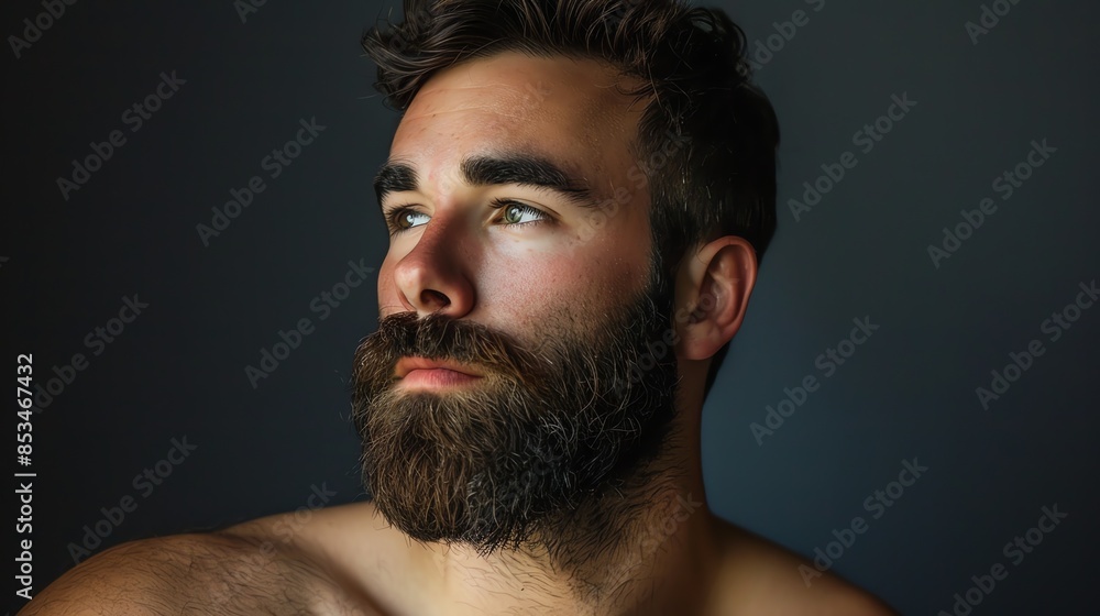 A close-up portrait of a young man with a well-groomed beard and tousled hair, gazing thoughtfully to the side. The image is taken against a dark background, highlighting his strong facial features A close-up portrait of a young man with a well-groomed beard and tousled hair, gazing thoughtfully to the side. The image is taken against a dark background, highlighting his strong facial features