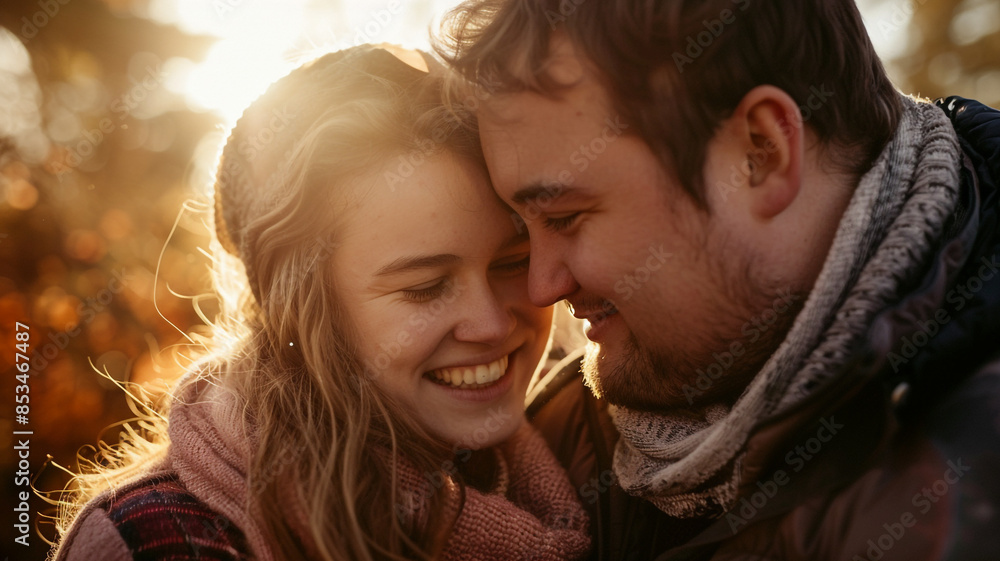 Content couple embracing happily in sunlight Content couple embracing happily in sunlight