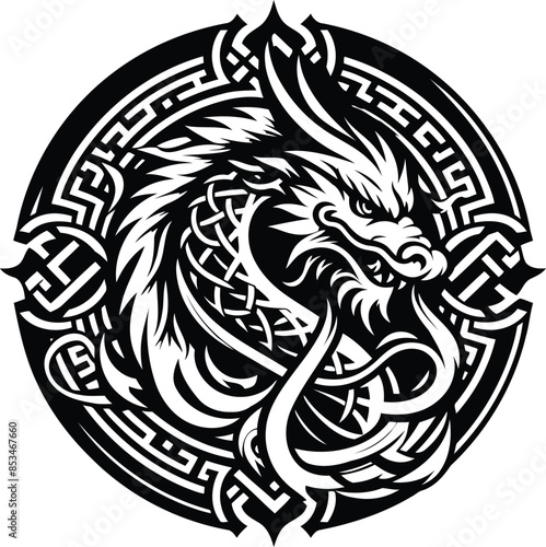east dragon in silhouete with celtic knot pattern illustration