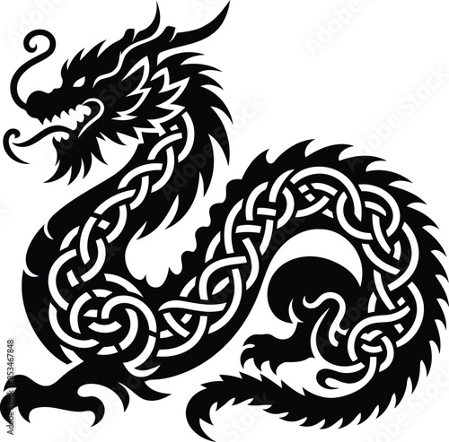 east dragon in silhouete with celtic knot pattern illustration