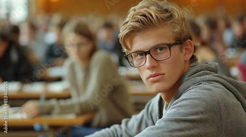 A focused student wearing glasses in a classroom setting, representing education, concentration, and academic environment. © tashechka