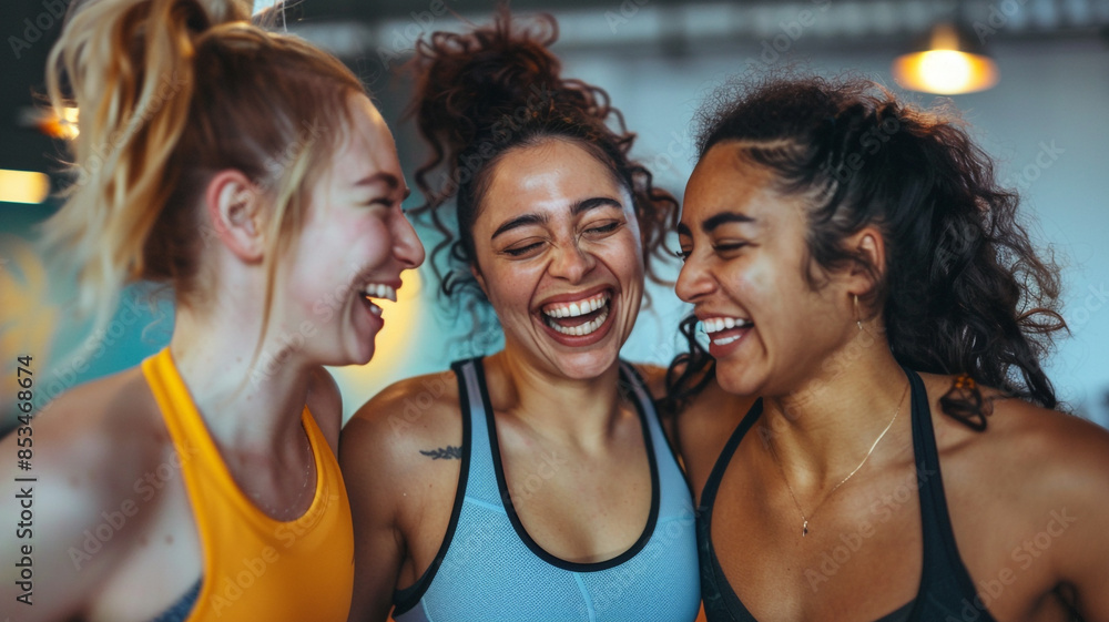 Group of Three women laughing in gym Group of Three women laughing in gym