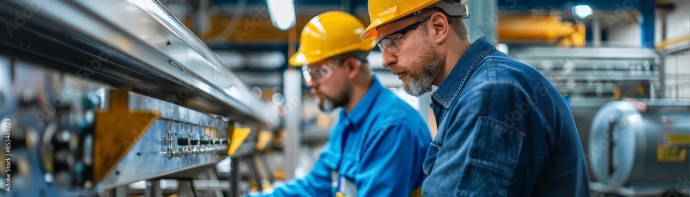 Two industrial workers wearing safety helmets and protective clothing operate machinery in a modern manufacturing facility. Two industrial workers wearing safety helmets and protective clothing operate machinery in a modern manufacturing facility.