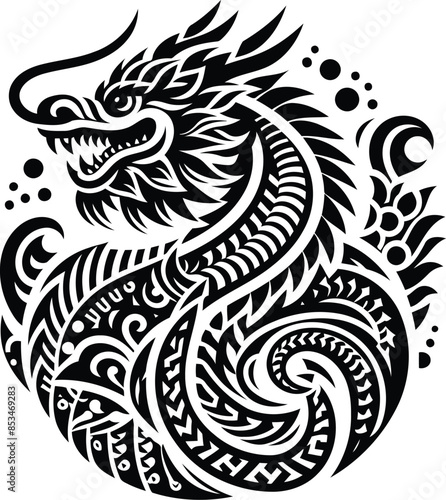  east dragon silhouete with Polynesian ethnic pattern illustration