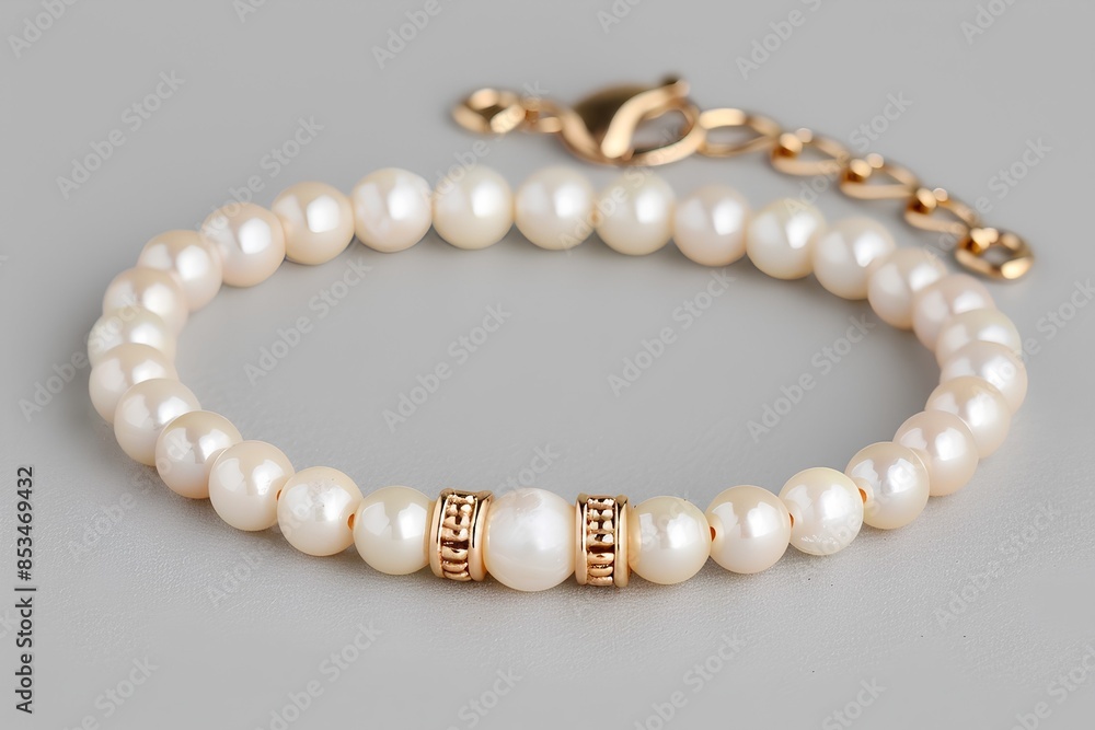 Design an elegant and simple bracelet made of white pearls, with one gold bead in the center for decoration. The beads should be uniform in size to create visual harmony on your wrist. Design an elegant and simple bracelet made of white pearls, with one gold bead in the center for decoration. The beads should be uniform in size to create visual harmony on your wrist.