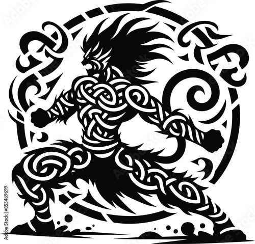 chinese warior in silhouete with celtic knot pattern illustration